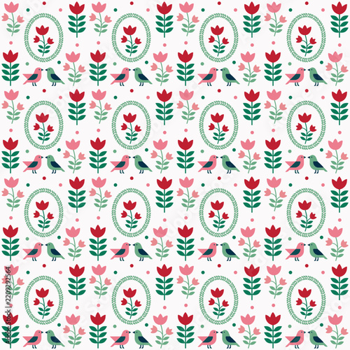 Folk Art Seamless Pattern with Birds Tulips and Floral Wreath Medallions