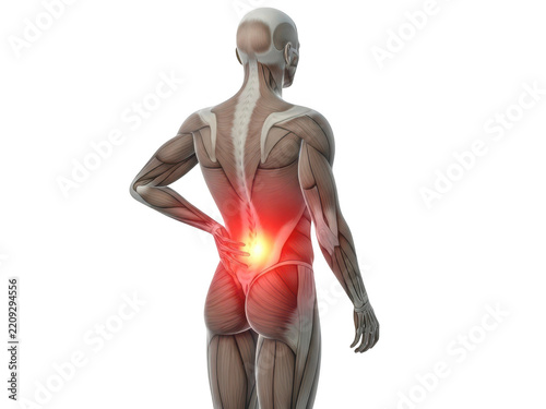 Person holding back with lower back pain highlighted in red