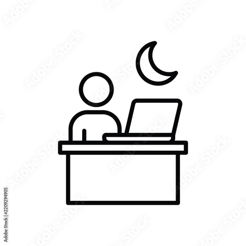 Person sitting at desk with laptop line icon vector, representing late night work