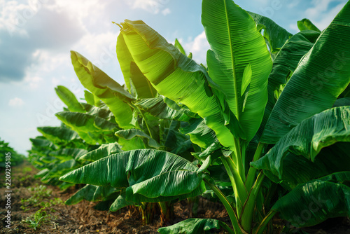 Banana leaf plantation growing in green agriculture field