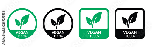Vegan 100 percent labels set with leaves for natural food packaging and vegetarian product marketing green vegan certification logo icon set
