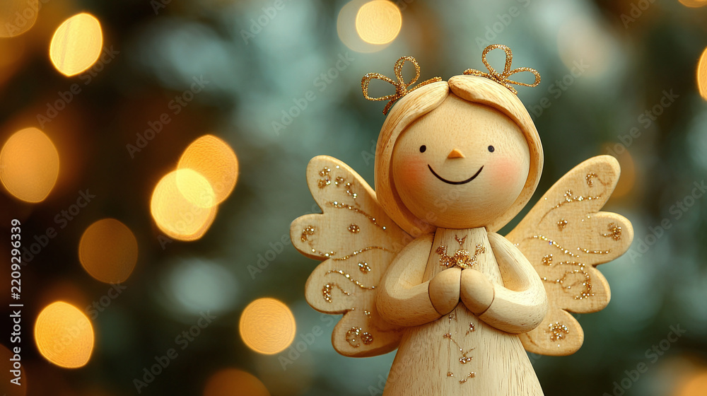 Fototapeta premium Charming wooden angel figurine standing against a warm glowing bokeh background filled with golden holiday lights creating a festive winter wonderland mood for seasonal celebration and holiday greetin
