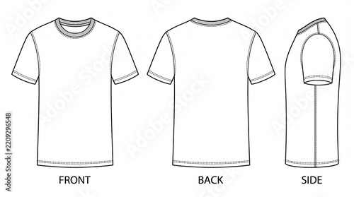 T-shirt mockup vector illustration featuring front back and side views. Blank apparel template