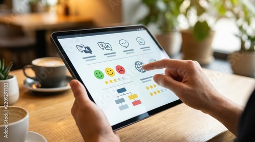 multilingual customer feedback tablet Person using tablet to give feedback with rating icons in a cozy cafe setting.