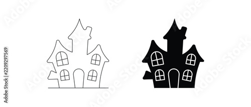 Halloween haunted house outline and silhouette spooky