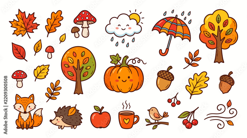 Obraz premium Cute autumn vector doodles set with cartoon fox, hedgehog, pumpkin, leaves and umbrella