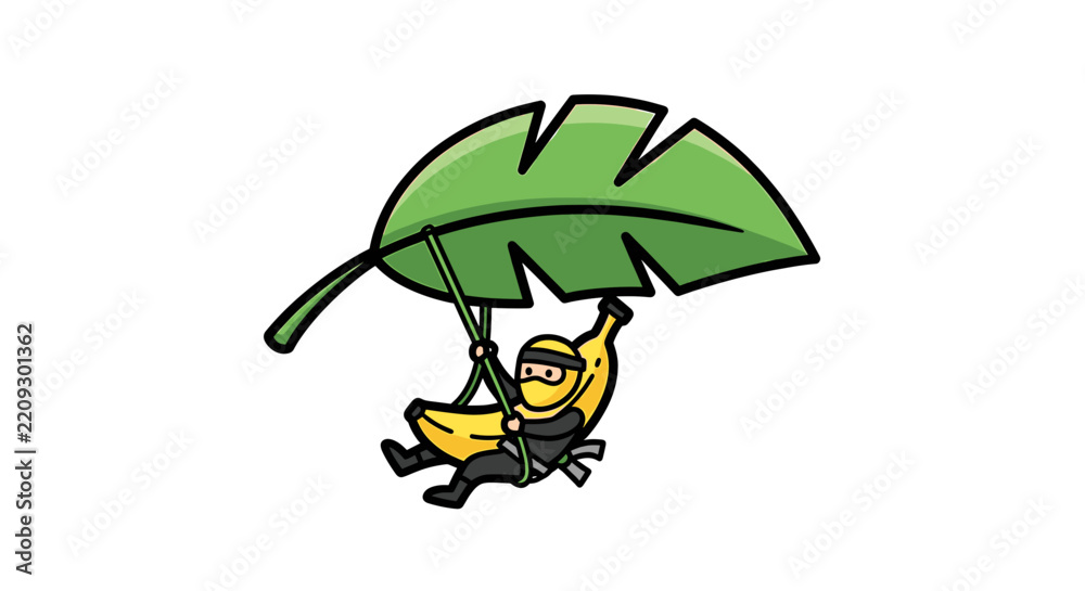 Obraz premium Ninja banana hang gliding using a green leaf.