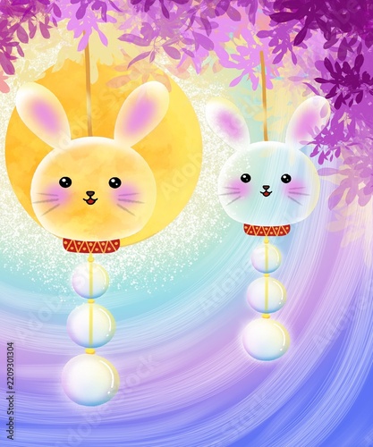 Rabbit chain, moon and flowers
