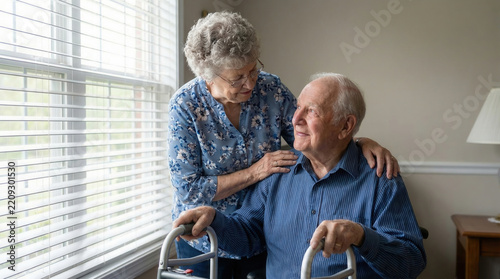 Loving elderly wife supporting her senior husband as he walks with a medical walker device