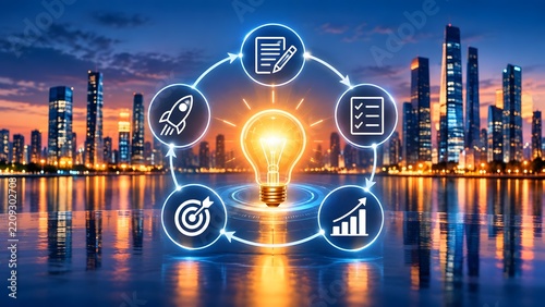 Glowing lightbulb encircled by project planning rocket launch and analytics icons over a modern city skyline symbolizing strategic business growth