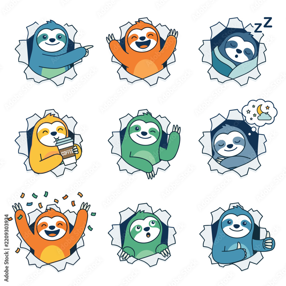 Obraz premium Cute cartoon sloths breaking through paper holes set with various playful expressions and colorful poses