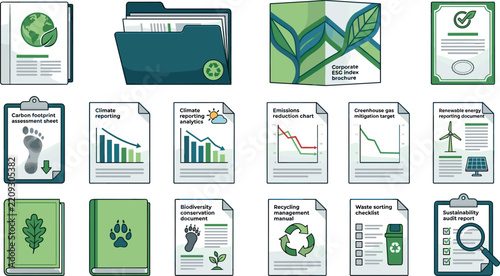 ESG Environmental Sustainability and Corporate Ecology Reports Vector Set Green Business Folder Carbon Footprint Assessment Climate Analytics Reduction Chart Renewable Energy