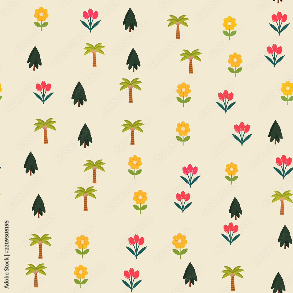Fototapeta premium Stylized pattern of pine trees, palm trees, and flowers