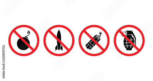 Bomb icon set of forbidden weapon vector signs with prohibited