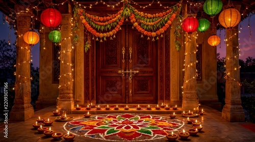 Indian house entrance decorated with lanterns, string lights and colorful rangoli with diyas at dusk, Diwali celebration scene.