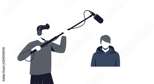 Professional Boom Operator Recording Audio for Interview, Minimalist Flat Illustration of Sound Engineer with Boom Mic and Headphones on White Background