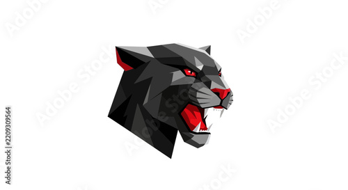 Roaring Black Panther Head Low Poly Geometric Mascot Logo, Fierce Wild Cat Vector Illustration with Red Eyes and Mouth for E-sports, Gaming, and Power Branding