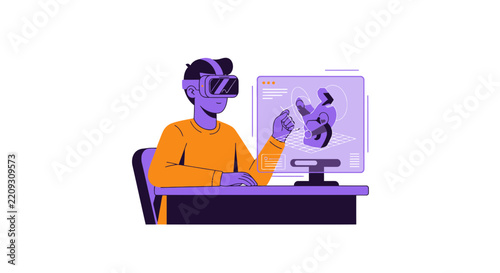 Futuristic Concept of a Man Using Virtual Reality Headset for 3D Modeling and Medical Data Visualization Illustration