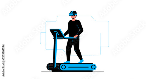 Man using VR headset on a treadmill for virtual reality fitness and home workout illustration. Future of sports and exercise technology flat vector design.