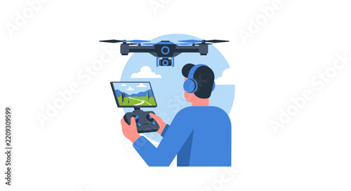 Professional Drone Pilot Operating Quadcopter with Remote Control Screen and Headphones, Flat Vector Illustration