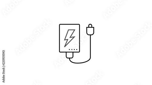 Modern line art animation of a portable power bank with a connected charging cable and lightning symbol, perfect for battery and mobile technology videos.
