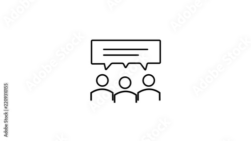 Black line art animation depicting three user avatars sharing a large speech bubble, ideal for team collaboration, group discussion, and chat videos.