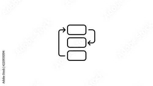 Minimal line art animation of three stacked blocks with rotating arrows, representing a continuous process, work-flow loop, and system structure animation.