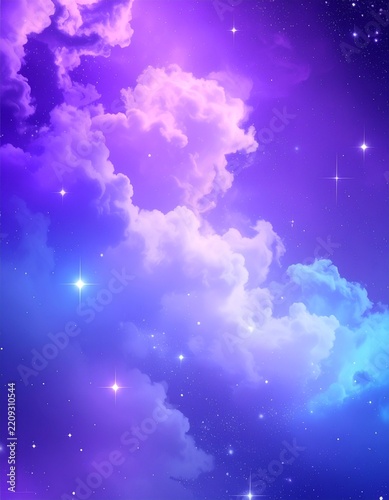 紫の雲と星が広がるファンタジーの夜空