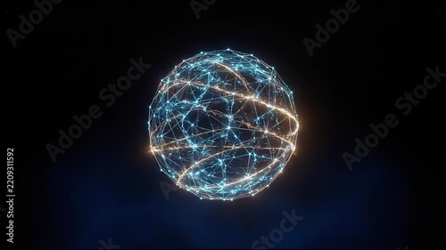Digital Global Network Sphere Rotating with Glowing Data Streams on Black Background