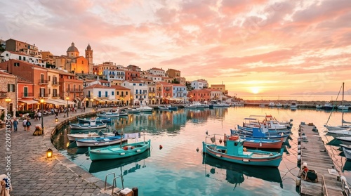 Traditional harbor town glowing in warm sunset light, small boats reflected in calm water beneath pastel peach clouds, picturesque travel photography, turquoise and coral palette, waterfront