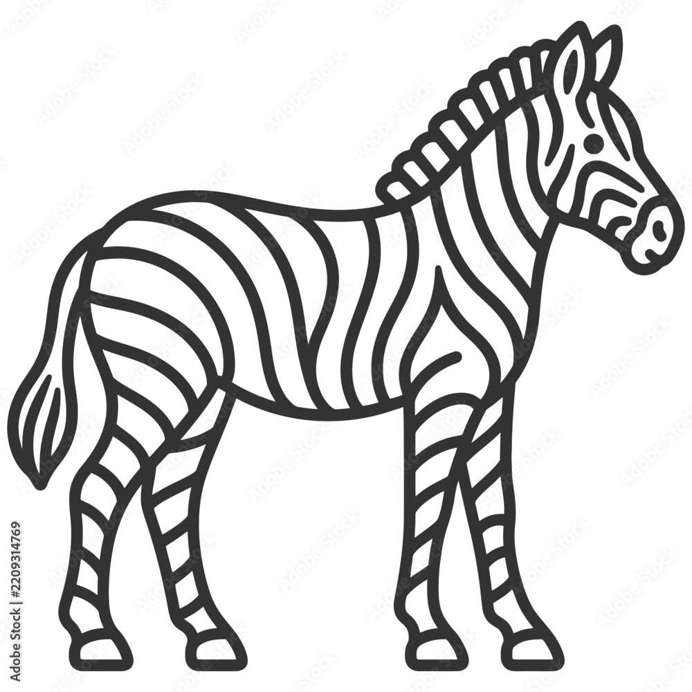 Fototapeta premium Black and white vector outline of a zebra standing side view.