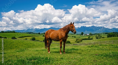 Chestnut horse standing calmly in a sunlit emerald pasture of smooth rolling hills, photorealistic rural lifestyle photography, giant cottony white clouds and distant mountains, warm brown coat