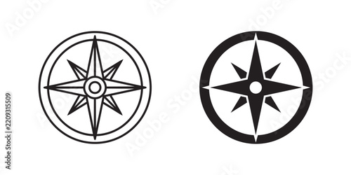 Compass rose vector icon set in line art and solid flat style for navigation, travel, and orientation