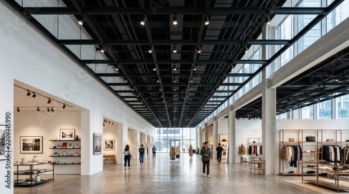 Large contemporary gallery or retail interior with an exposed black ceiling grid and rows of track lights, premium architectural photography, bright white walls, strong linear perspective,