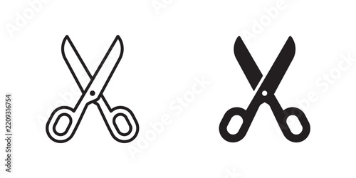 Scissors vector icon set in outline and solid black style for cut edit and tailoring concept