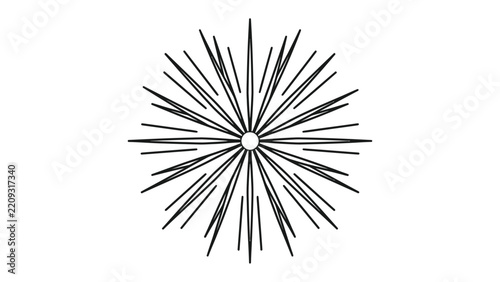 Radial Burst Graphic: A stark black and white graphic featuring a symmetrical radial burst pattern, resembling a starburst or stylized sun, emanating from a central circular element.