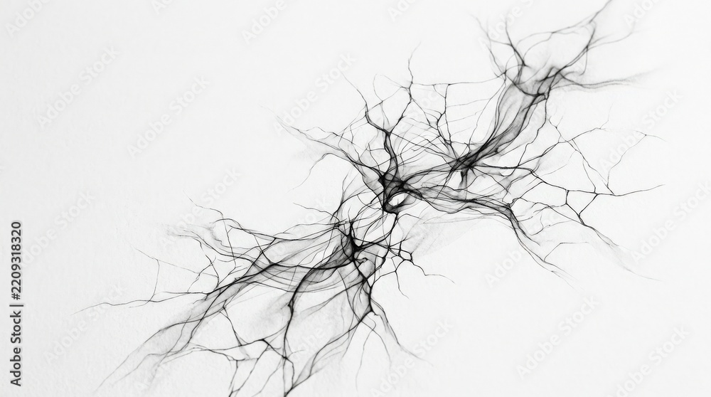 Fototapeta premium Delicate black ink wisps expanding across a white background like smoke, cracked glass or abstract neural connections, minimalist monochrome fine-art composition, airy translucent lines, organic
