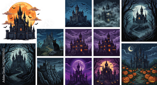 A collection of spooky castles illuminated by eerie light perfect for a halloween themed visual experience