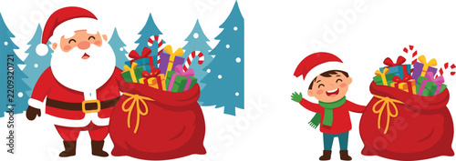 Santa claus and a happy little boy standing next to large red sacks filled with colorful christmas gifts and candy canes on a snowy background