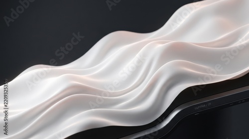 Soft white luminous terrain resembling silk or liquid dunes against dark charcoal, premium abstract 3D render, restrained monochrome palette with faint blush highlights, shallow sculptural waves and