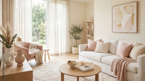 Airy living room with white sofa, blush cushions and sculptural ceramic decor, premium interior photography, ivory, soft pink and pale wood palette, diffuse daylight through sheer curtains, refined