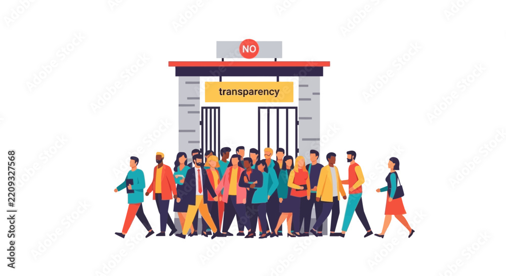 Obraz premium Crowd Facing a Barrier to Transparency Illustration Representing Information Suppression