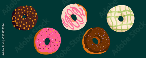 Assorted Colorful Donuts with Sprinkles and Frosting on a Dark Background