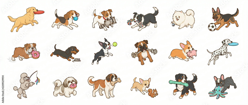 Fototapeta premium Set of cute cartoon dogs playing with various toys and small animals on a white background