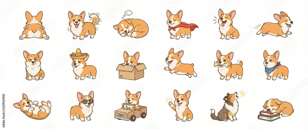 Fototapeta premium Set of cute corgi dog illustrations showing various funny activities and expressions in cartoon style