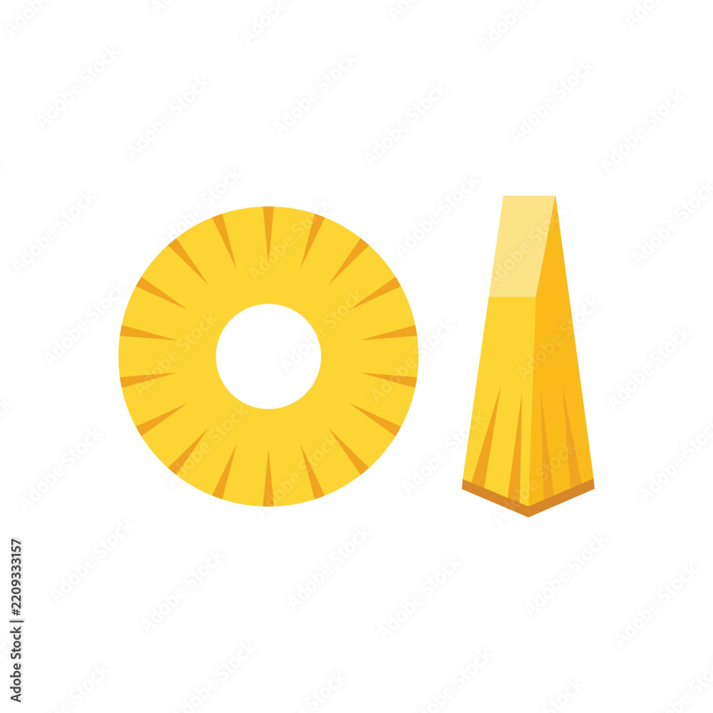 Obraz premium Pineapple slice and chunk vector icon set. Flat design illustration of yellow tropical fruit ring and triangular slice isolated on white background