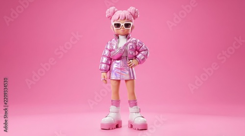 Futuristic stylized fashion girl in a shiny metallic pink mini outfit and oversized chunky platform boots, full-body 3D render against a saturated pink studio backdrop, glossy plastic materials,