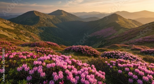 Mountainous landscape with pink flowers in bloom; sunny backdrop