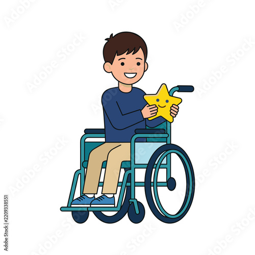 Young boy sitting in wheelchair holding yellow star toy with happy expression