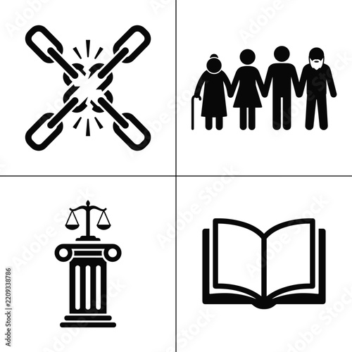 Black graphic icons featuring broken chains family figures law scales and open book representing freedom society justice and knowledge